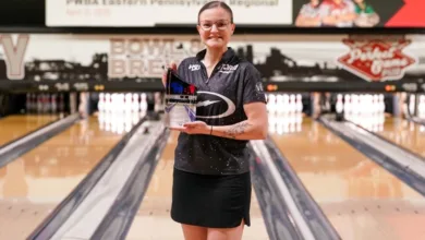 Karsyn Lukosius poses with the trophy after winning the 2025 PWBA Eastern Pennsylvania Regional, which was held at Steel City Bowl and Brews in Bethlehem, Pennsylvania, on Saturday.