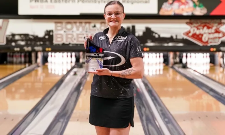 Karsyn Lukosius poses with the trophy after winning the 2025 PWBA Eastern Pennsylvania Regional, which was held at Steel City Bowl and Brews in Bethlehem, Pennsylvania, on Saturday.