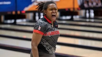 Jacksonville State's Dannielle Henderson reacts to a quality shot during Friday's final day of match play at the 2025 Intercollegiate Team Championships, which is being contested at South Point Bowling Plaza in Las Vegas.